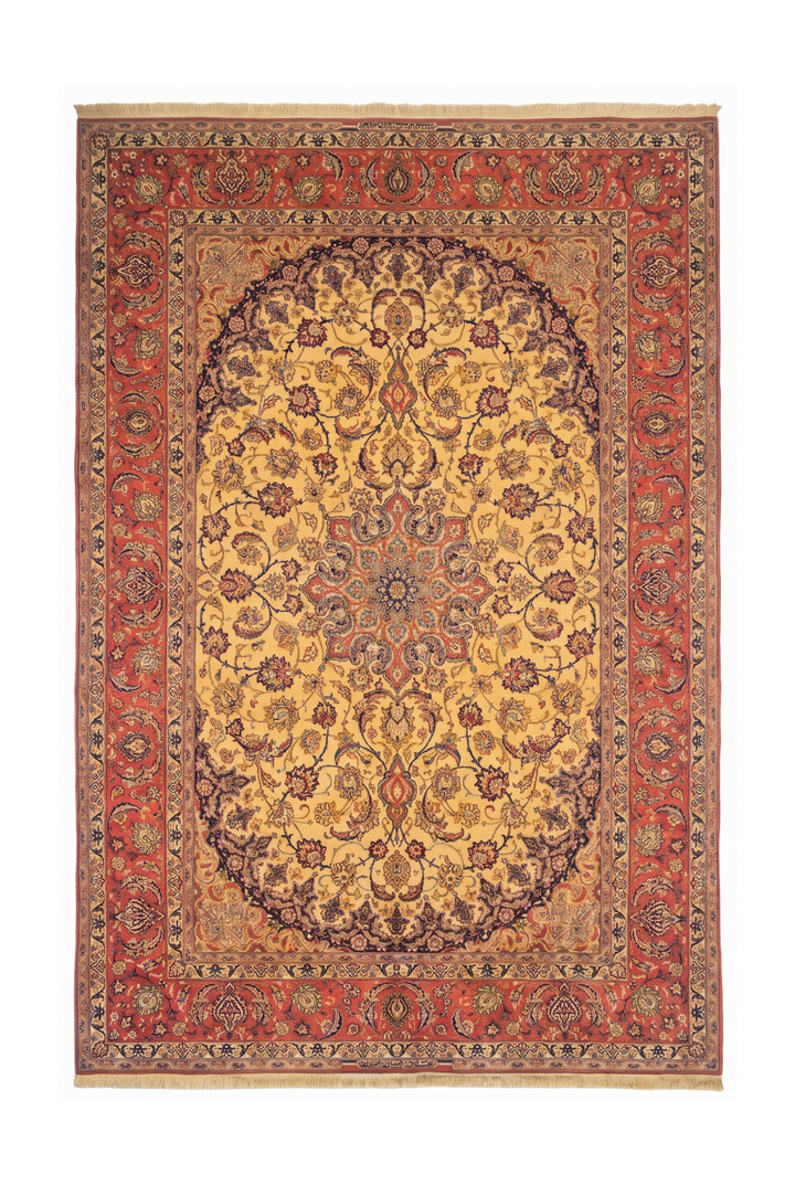 Gold and Terracotta Oval Field Sirafian Isfahan, Hand-Knotted Wool Rug