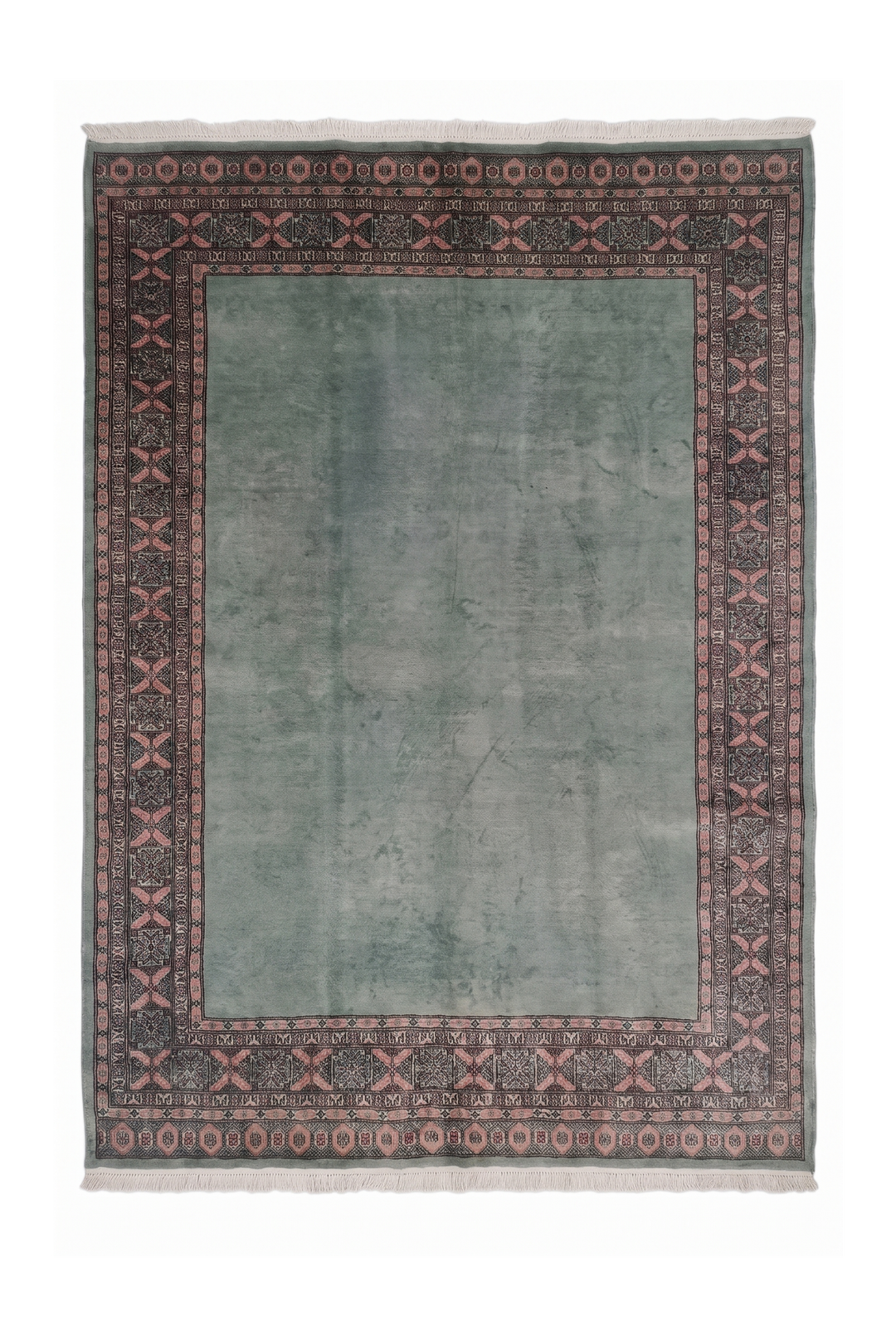 Sage Green and Rose Plain Field Bokhara, Hand-Knotted Wool Rug