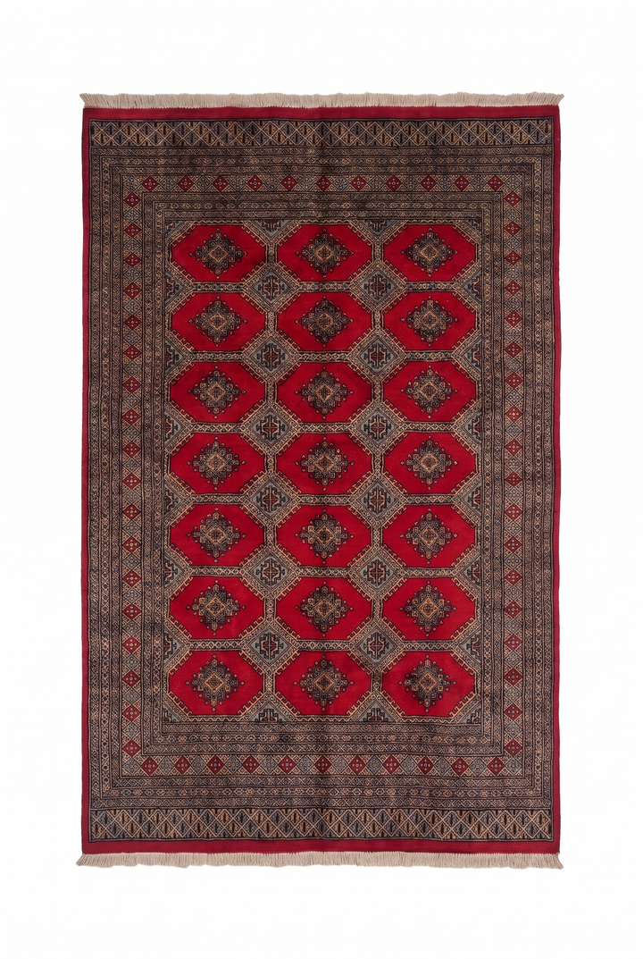 Bright Red and Sand Jaldar Lattice Gül, Hand-Knotted Wool Rug