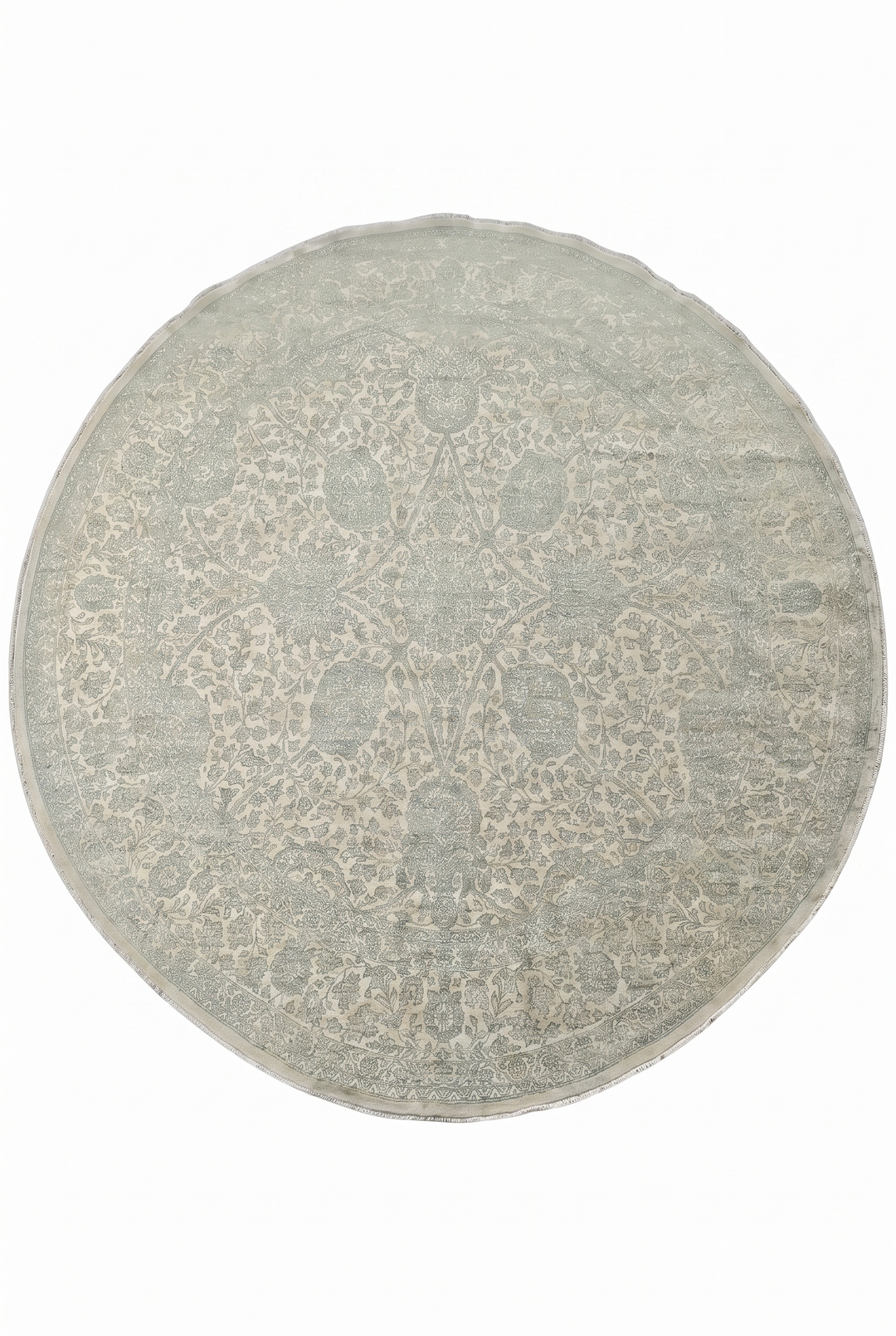 Sage and Cream Concentric Floral Round, Hand-Knotted Wool and Silk Rug