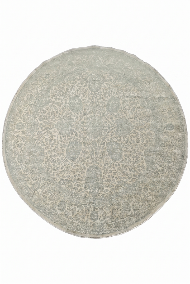 Sage and Cream Concentric Floral Round, Hand-Knotted Wool and Silk Rug
