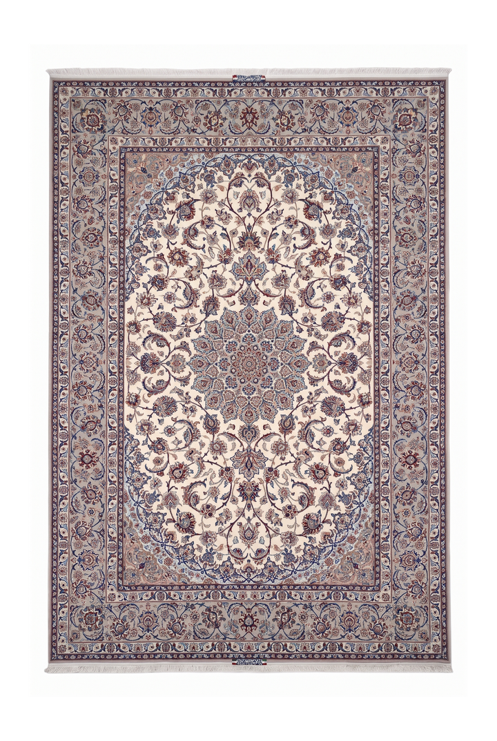 Ivory and Grey Medallion Yazdani Isfahan, Hand-Knotted Wool Rug