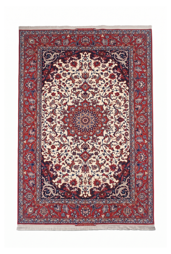 Ivory and Red Star Medallion Sirafian Isfahan, Hand-Knotted Wool Rug