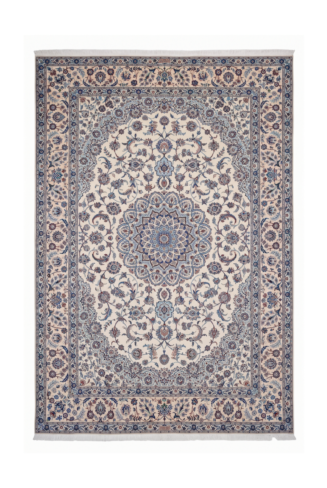 Ivory and Blue Bird Border Medallion Nain, Hand-Knotted Wool Rug