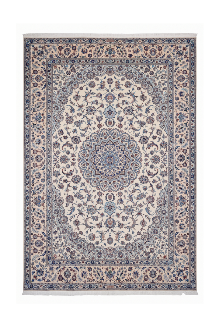 Ivory and Blue Bird Border Medallion Nain, Hand-Knotted Wool Rug