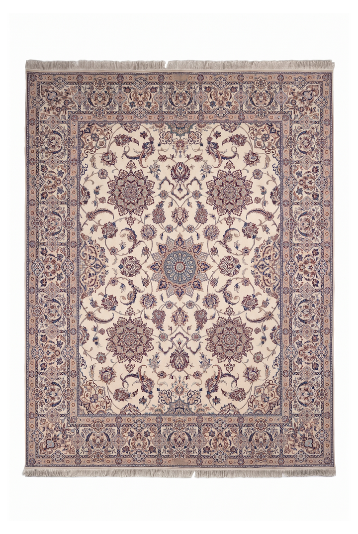 Ivory and Beige Five Medallion Nain, Hand-Knotted Wool Rug