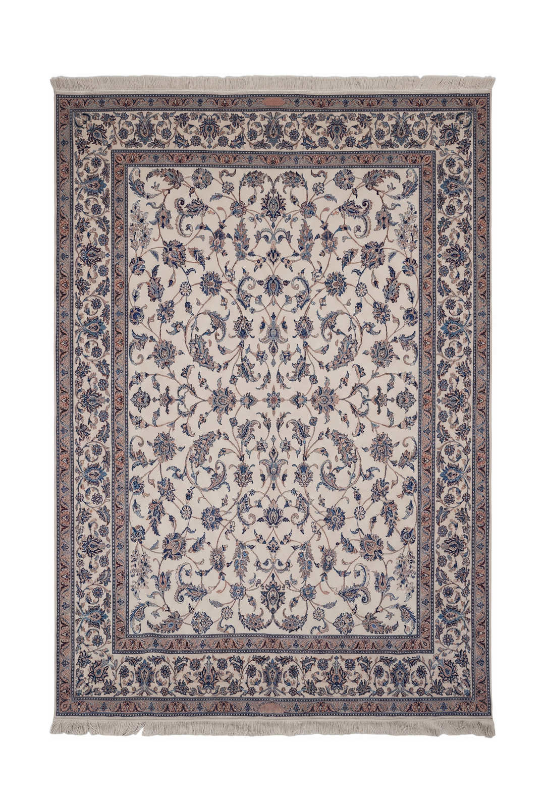 Ivory and Salmon All-Over Arabesque Nain, Hand-Knotted Wool Rug