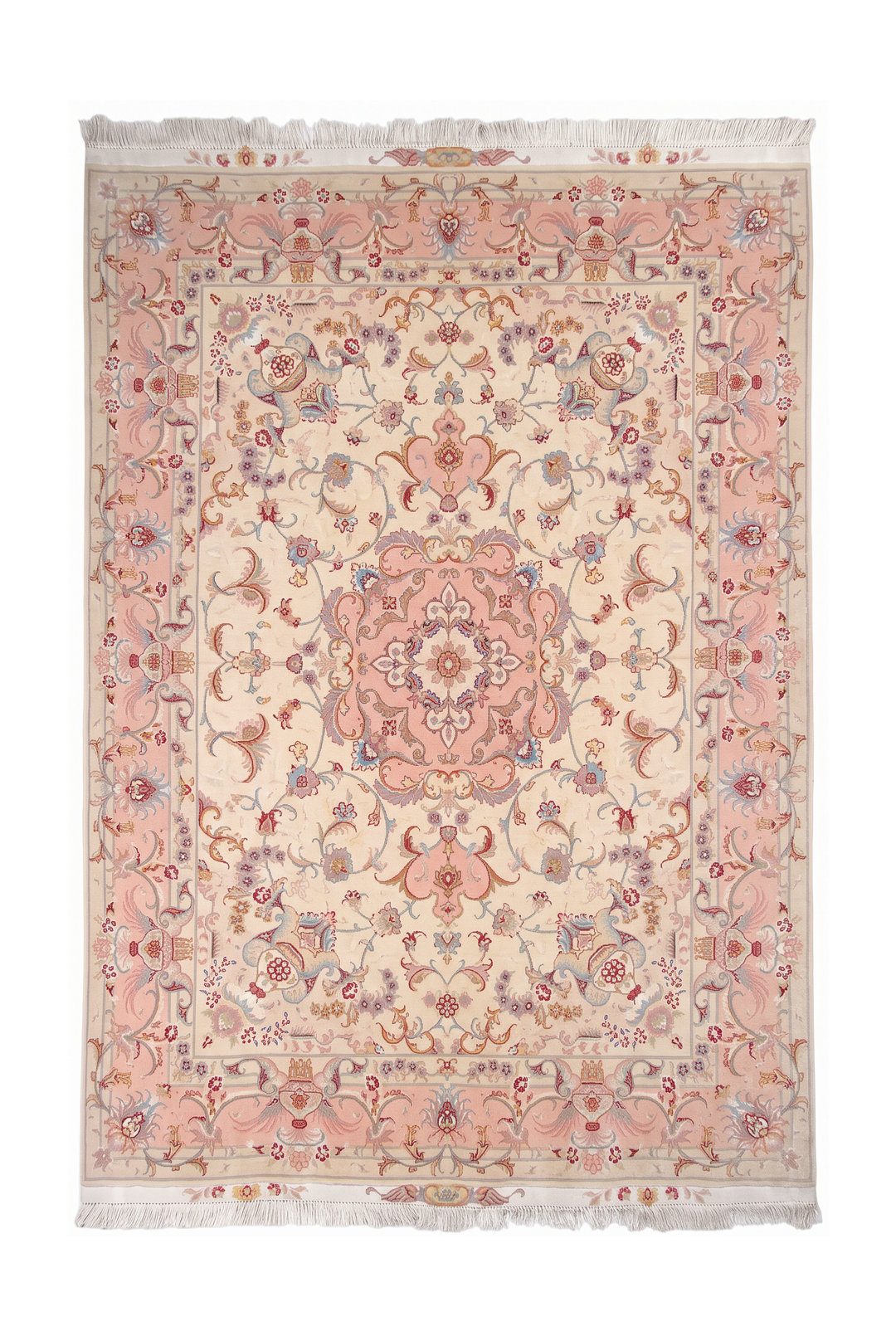 Cream and Rose Pink Vase Border Tabriz, Hand-Knotted Wool Rug