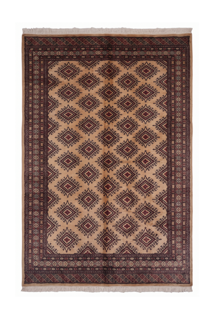 Cream and Brown Jaldar Stepped Diamond, Hand-Knotted Wool Rug