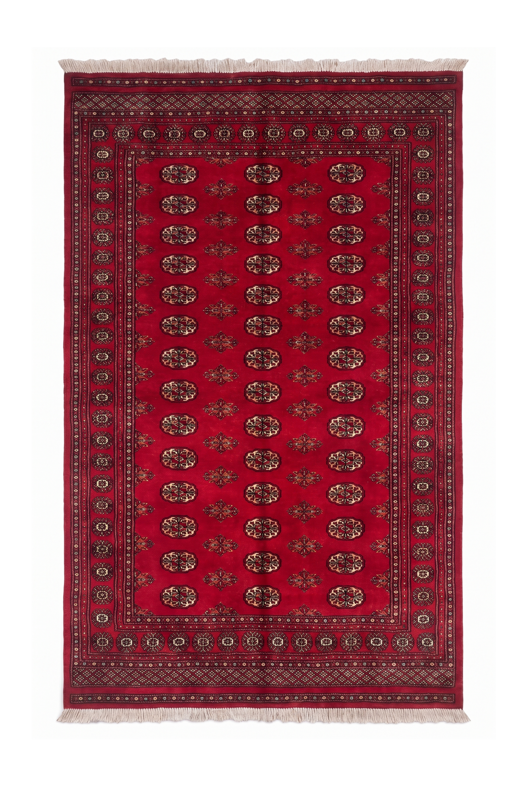 Crimson and Cream Turkmen Gül Bokhara, Hand-Knotted Wool Rug
