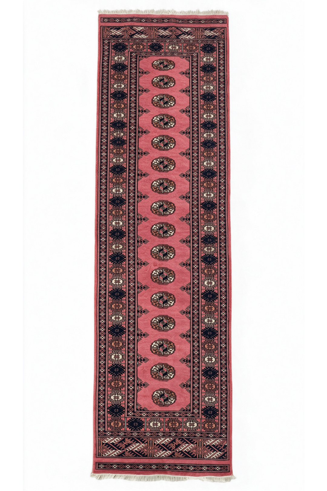 Rose and Navy Single Column Gül Bokhara, Hand-Knotted Wool Rug
