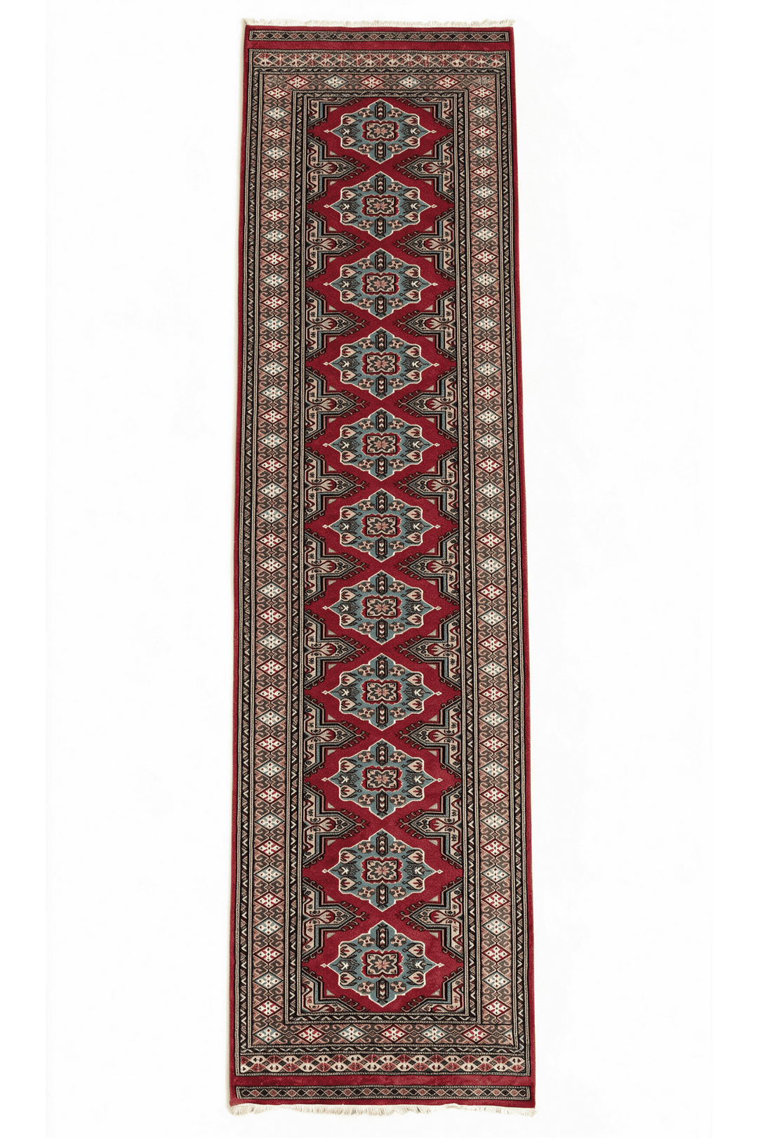 Crimson and Sea Green Jaldar Lozenge, Hand-Knotted Wool Rug