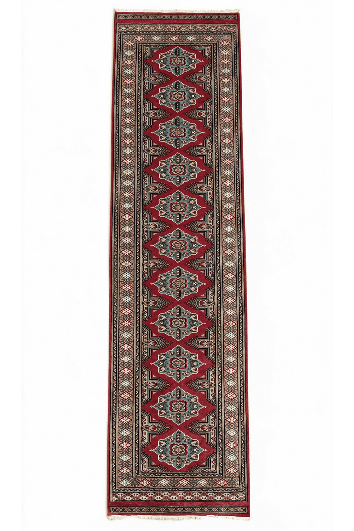 Crimson and Sea Green Jaldar Lozenge, Hand-Knotted Wool Rug