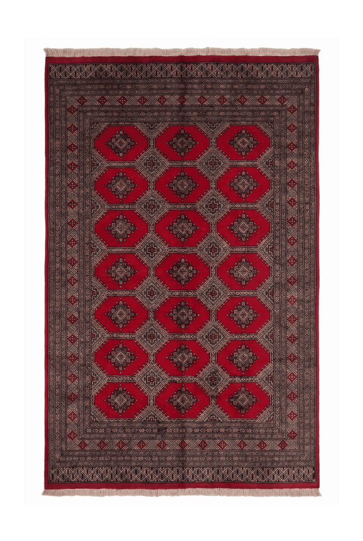 Ruby Red and Sand Jaldar Octagon Gül, Hand-Knotted Wool Rug