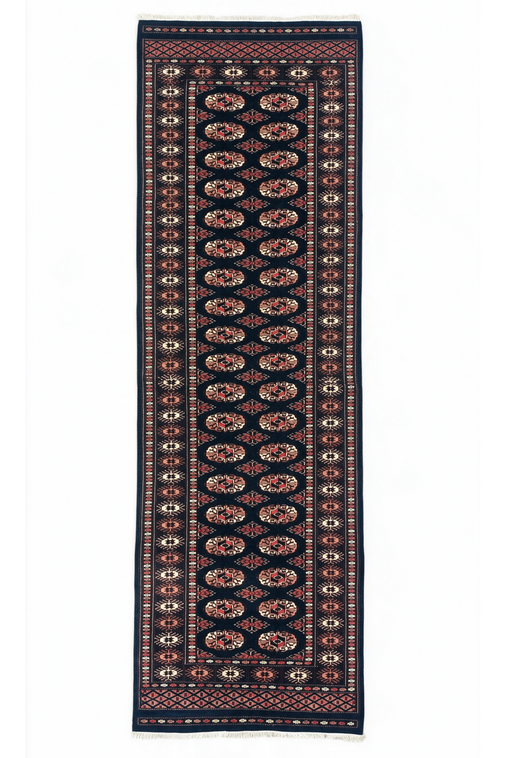 Navy and Rose Double Column Gül Bokhara, Hand-Knotted Wool Rug