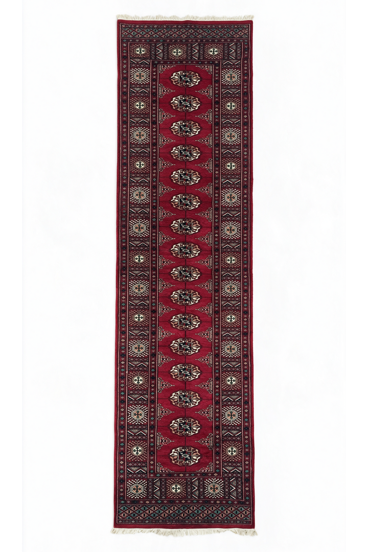 Wine Red and Cream Single Column Gül Bokhara, Hand-Knotted Wool Rug