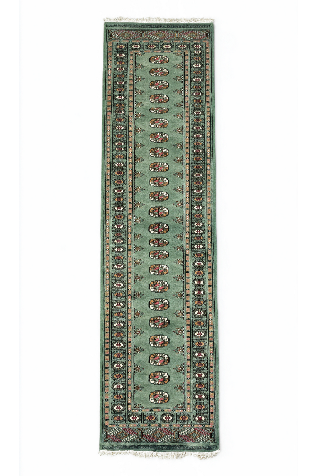 Sage and Gold Single Column Gül Bokhara, Hand-Knotted Wool Rug