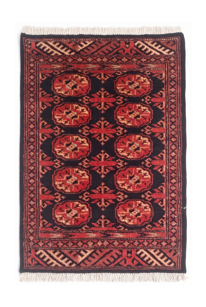 Espresso and Brick Red Turkmen Gül Bokhara, Hand-Knotted Wool Rug
