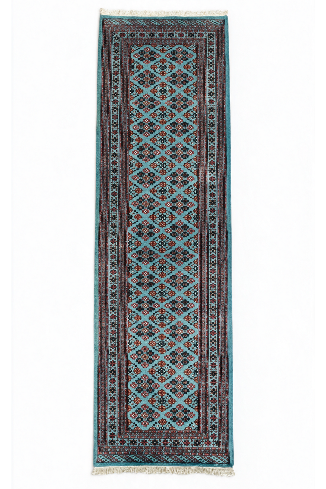 Turquoise and Rose Polychrome Lattice Jaldar, Hand-Knotted Wool Rug