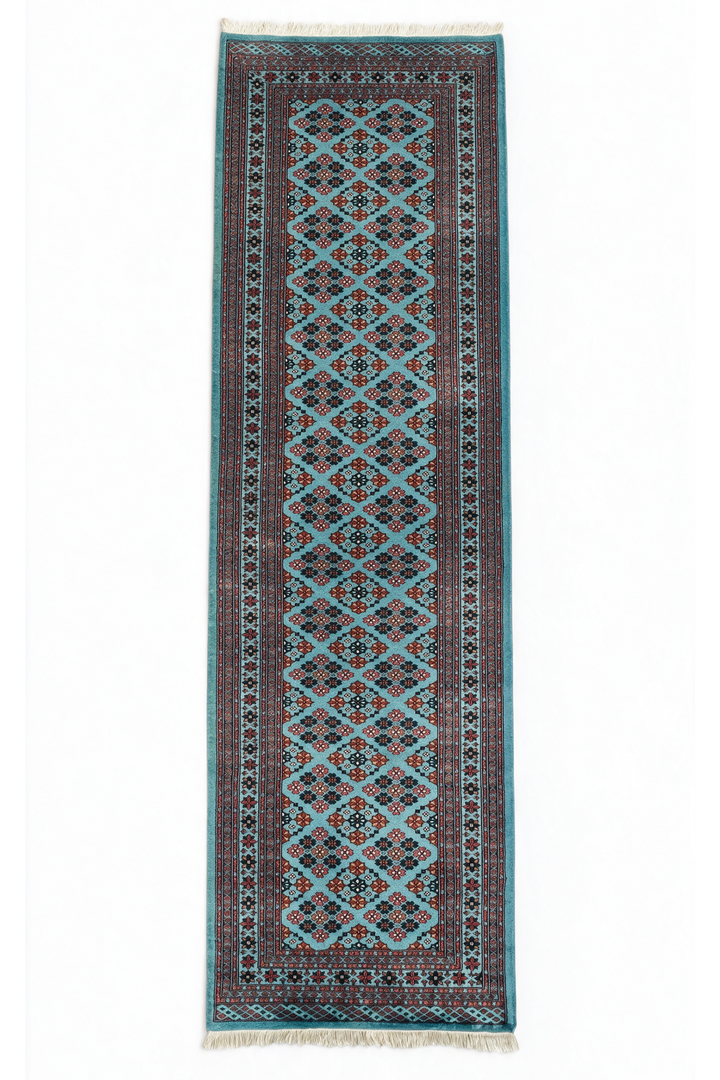 Turquoise and Rose Polychrome Lattice Jaldar, Hand-Knotted Wool Rug