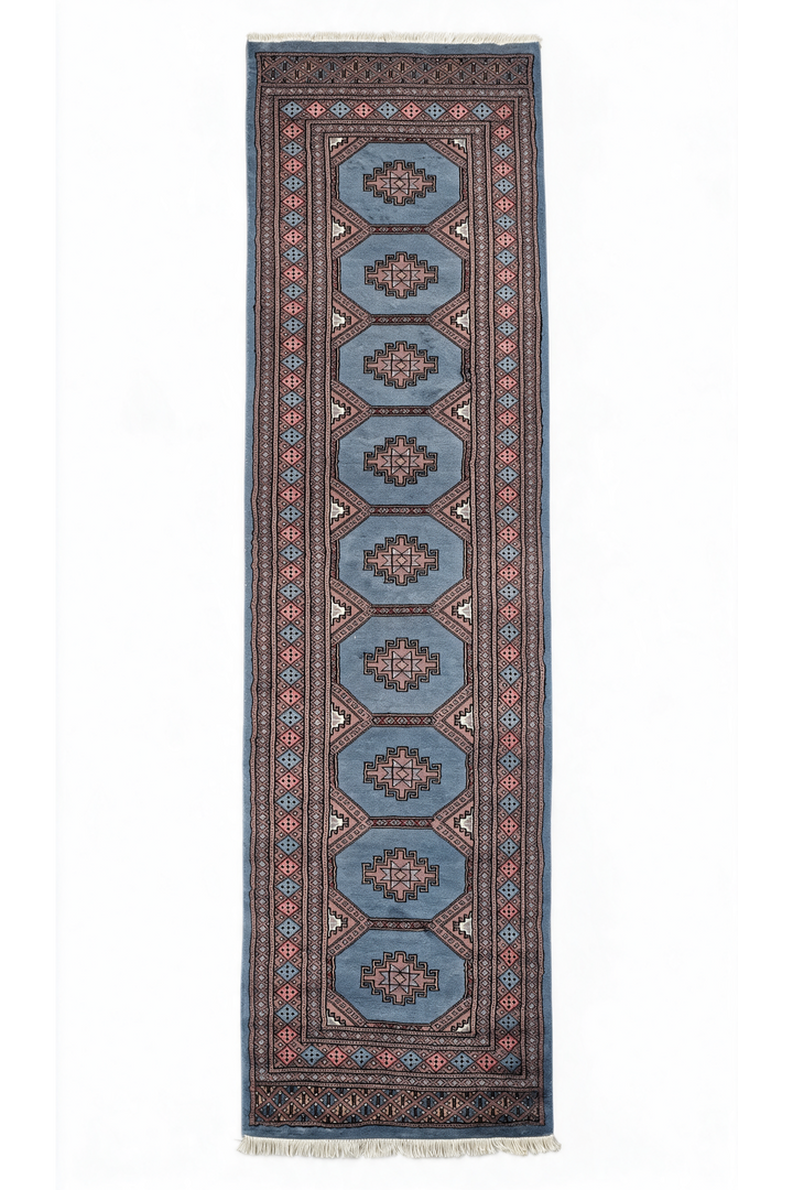 Dusty Blue and Rose Turkmen Gül Bokhara, Hand-Knotted Wool Rug