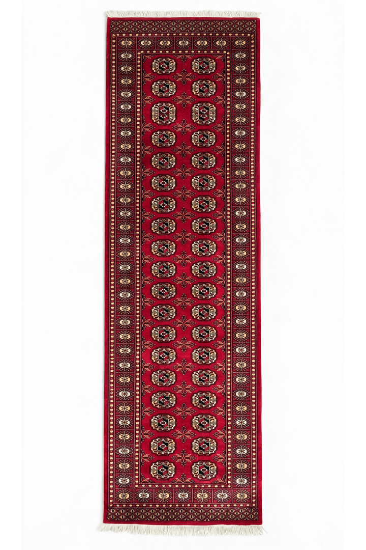 Bright Red and Gold Turkmen Gül Bokhara, Hand-Knotted Wool Rug