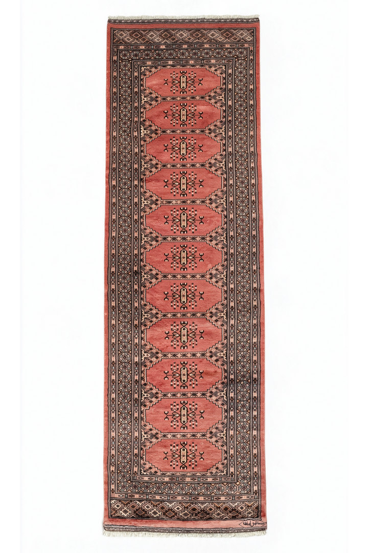 Salmon and Ivory Turkmen Gül Bokhara, Hand-Knotted Wool Rug