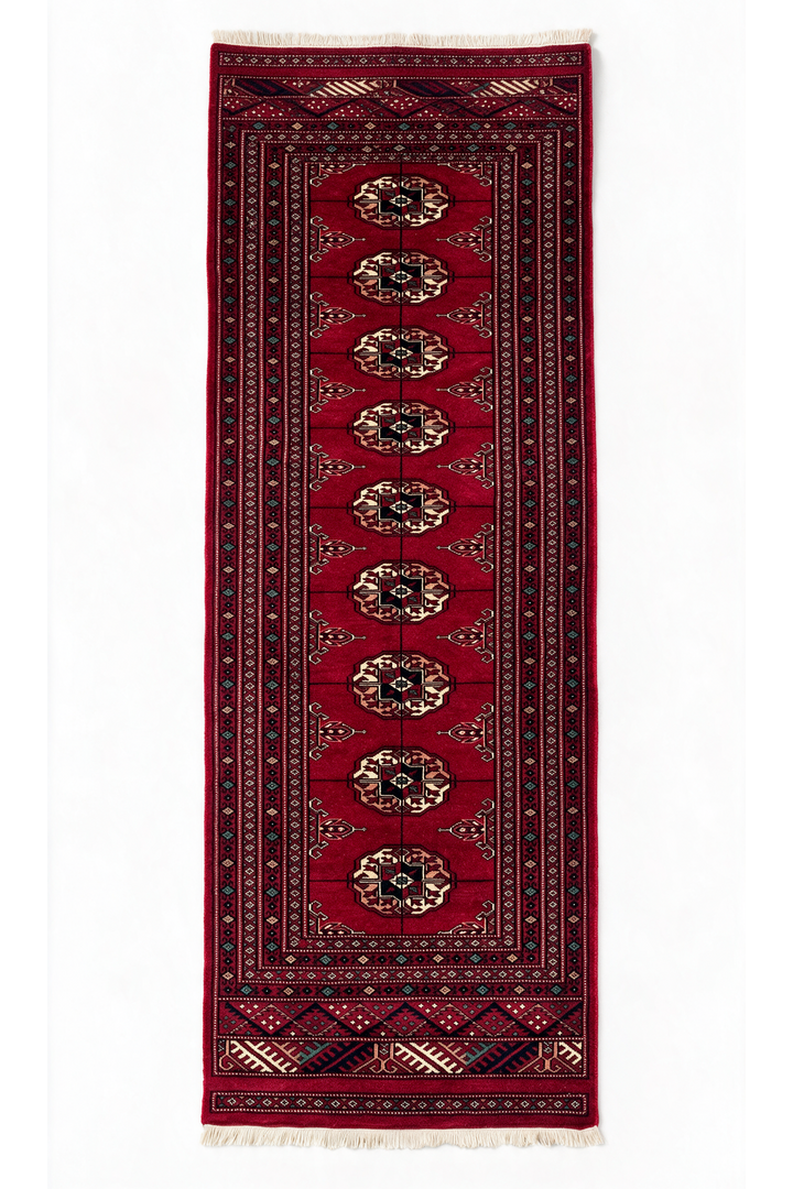 Wine Red and Cream Threaded Gül Bokhara, Hand-Knotted Wool Rug