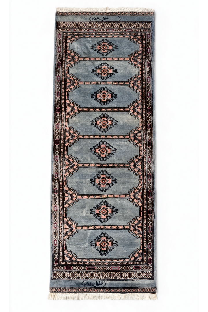 Dusty Blue and Peach Jaldar Diamond Medallion, Hand-Knotted Wool Rug