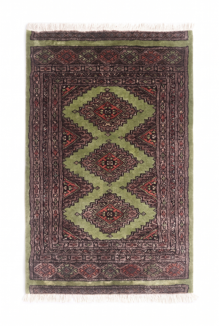 Olive and Mauve Jaldar Stepped Medallion, Hand-Knotted Wool Rug