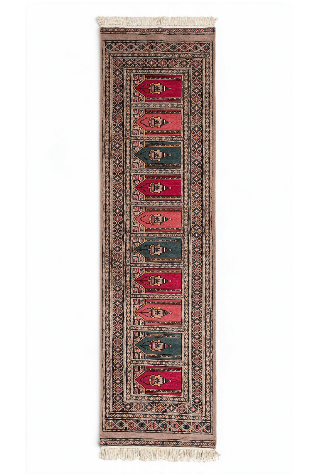 Taupe and Rose Saf Prayer Design, Hand-Knotted Wool Rug