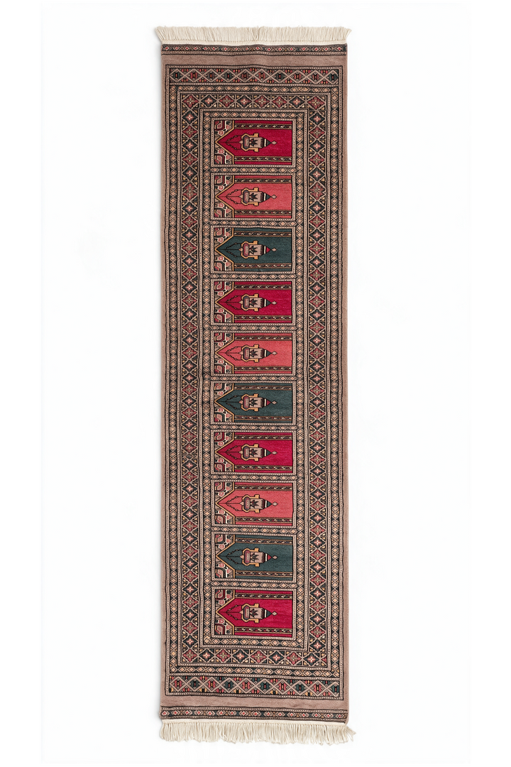 Taupe and Rose Saf Prayer Design, Hand-Knotted Wool Rug