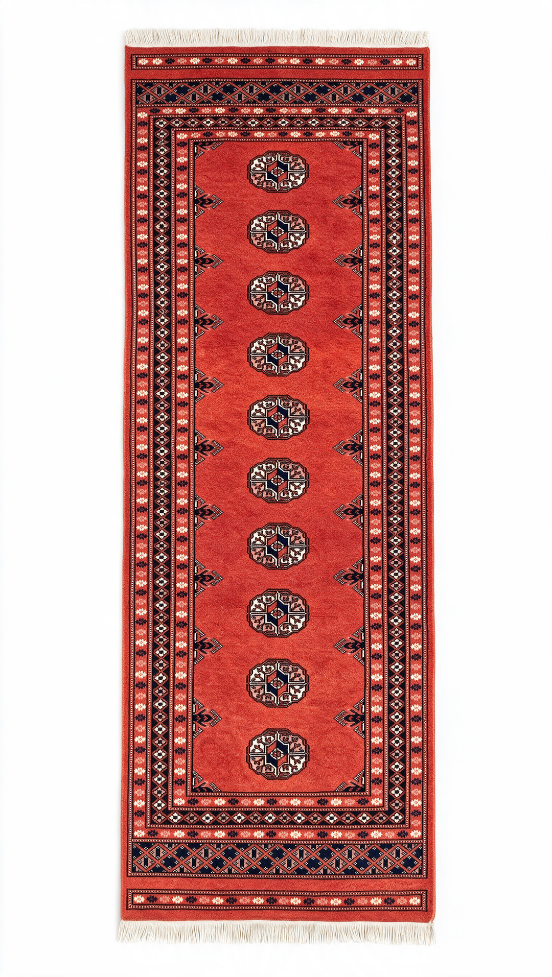 Coral Red and Indigo Turkmen Gül Bokhara, Hand-Knotted Wool Rug