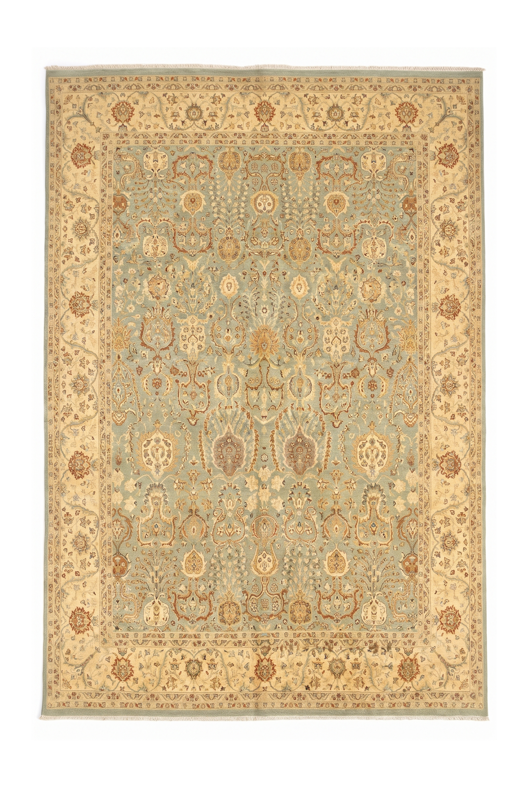 Pale Sage and Gold All-Over Floral Ghazni, Hand-Knotted Wool Rug