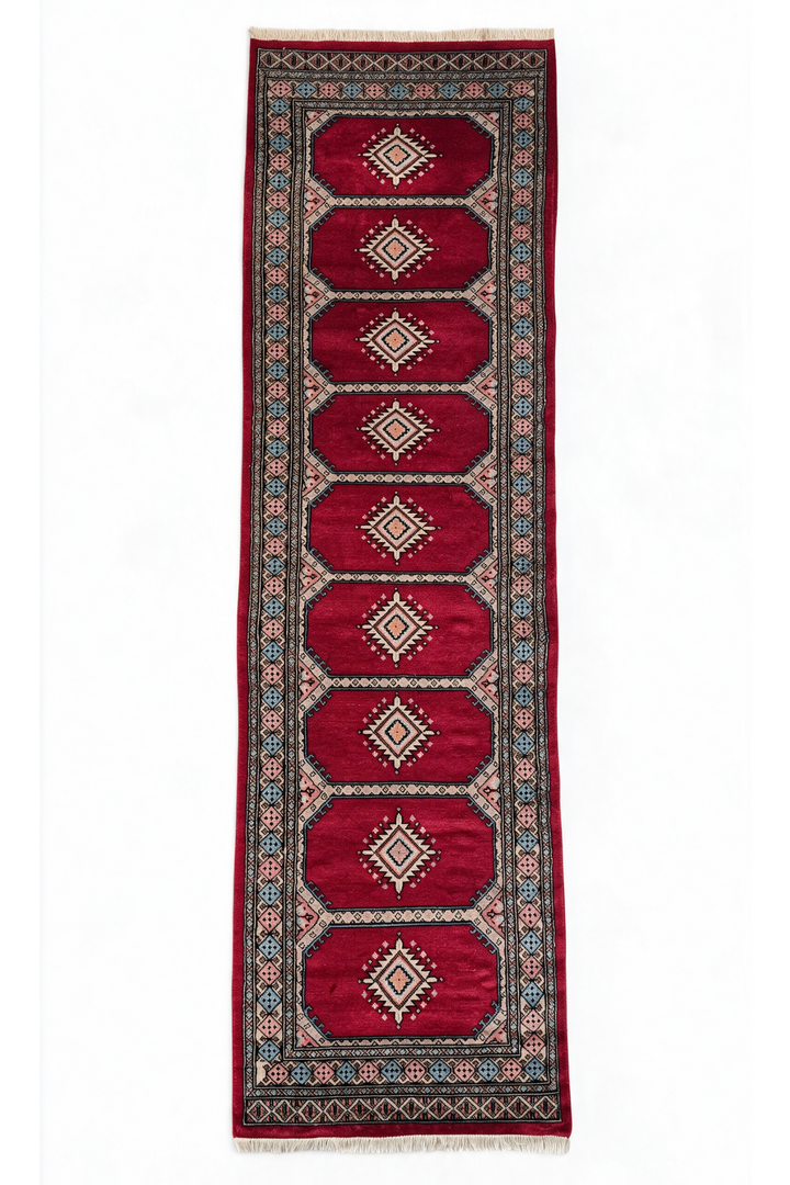 Crimson and Salmon Compartment Panel, Hand-Knotted Wool Rug