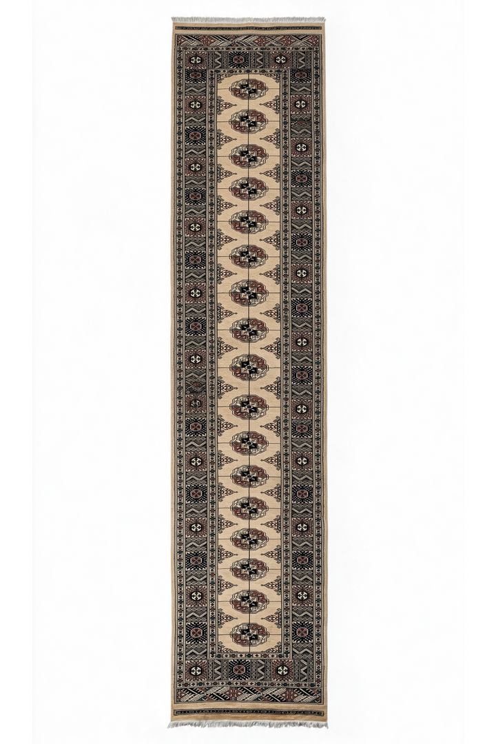 Camel and Navy Turkmen Gül Bokhara, Hand-Knotted Wool Rug