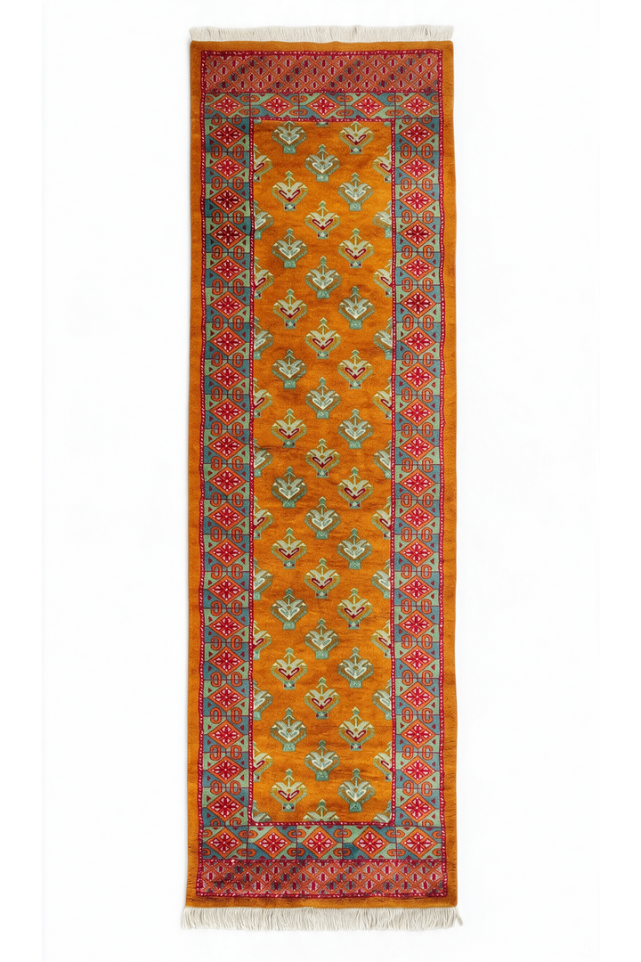Saffron and Teal Flowering Shrub Repeat, Hand-Knotted Wool Rug