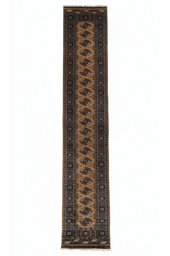 Camel and Teal Turkmen Gül Bokhara, Hand-Knotted Wool Rug