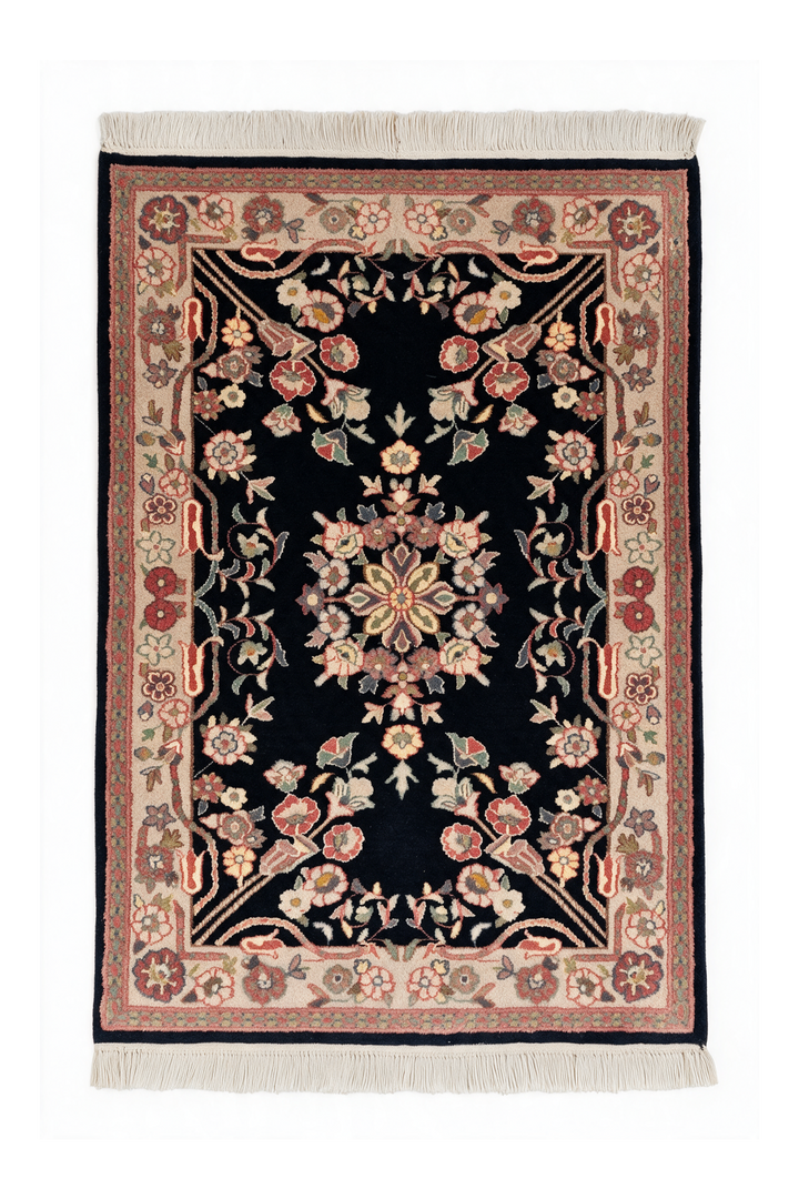 Black and Cream Kashan Floral Medallion, Hand-Knotted Wool Rug