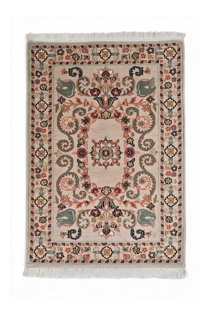 Blush and Sage Scrolling Leaf Medallion, Hand-Knotted Wool Rug