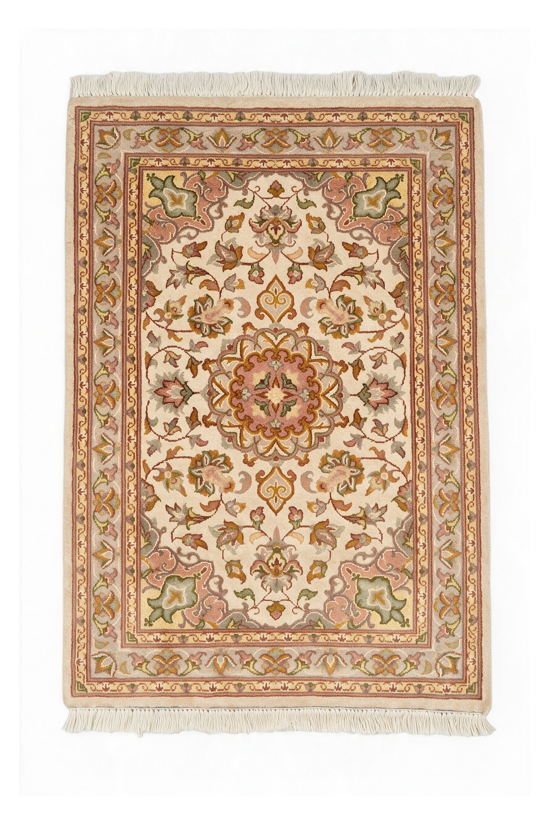 Ivory and Coral Medallion Tabriz, Hand-Knotted Wool and Silk Rug