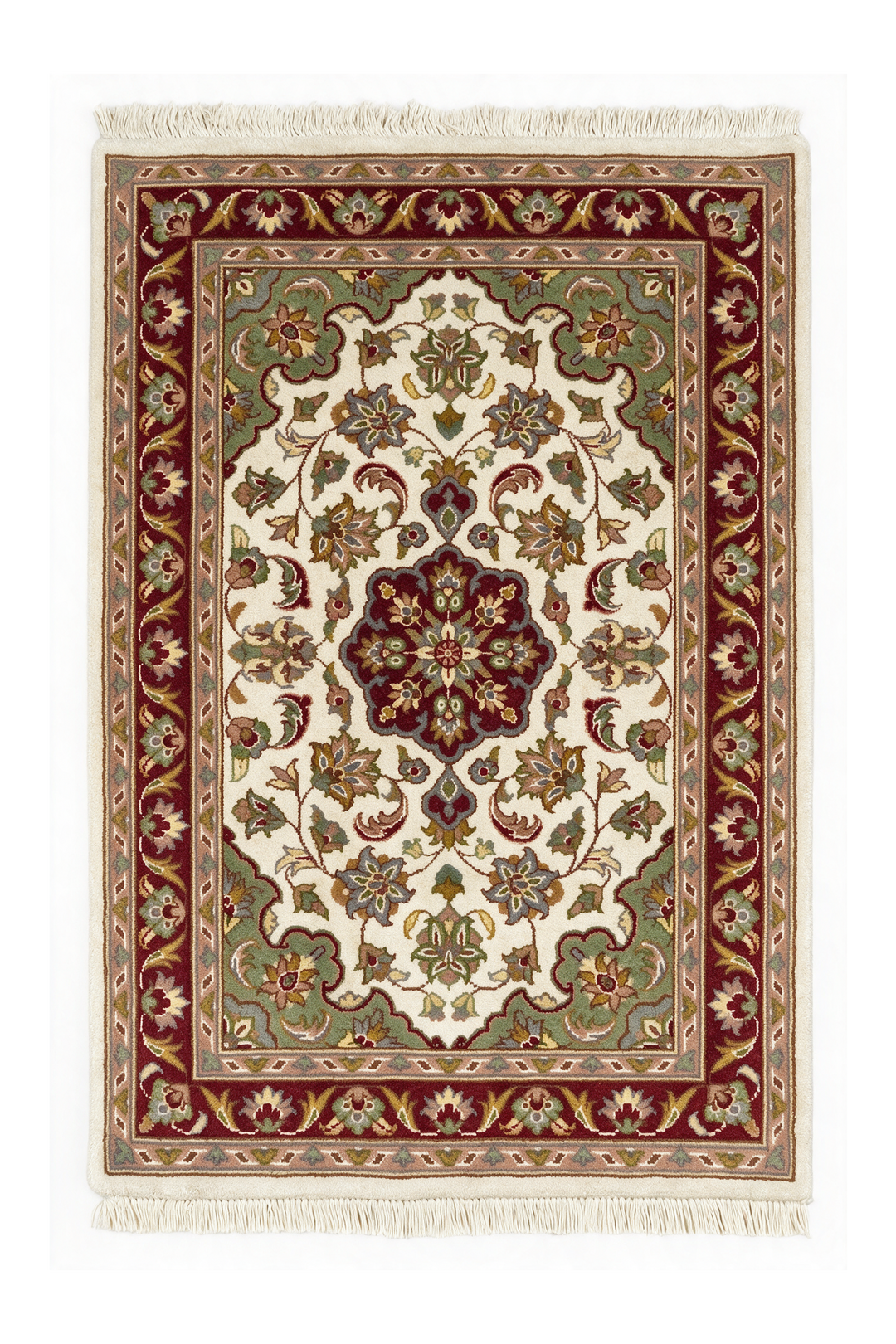 Ivory and Deep Red Medallion Tabriz, Hand-Knotted Wool and Silk Rug