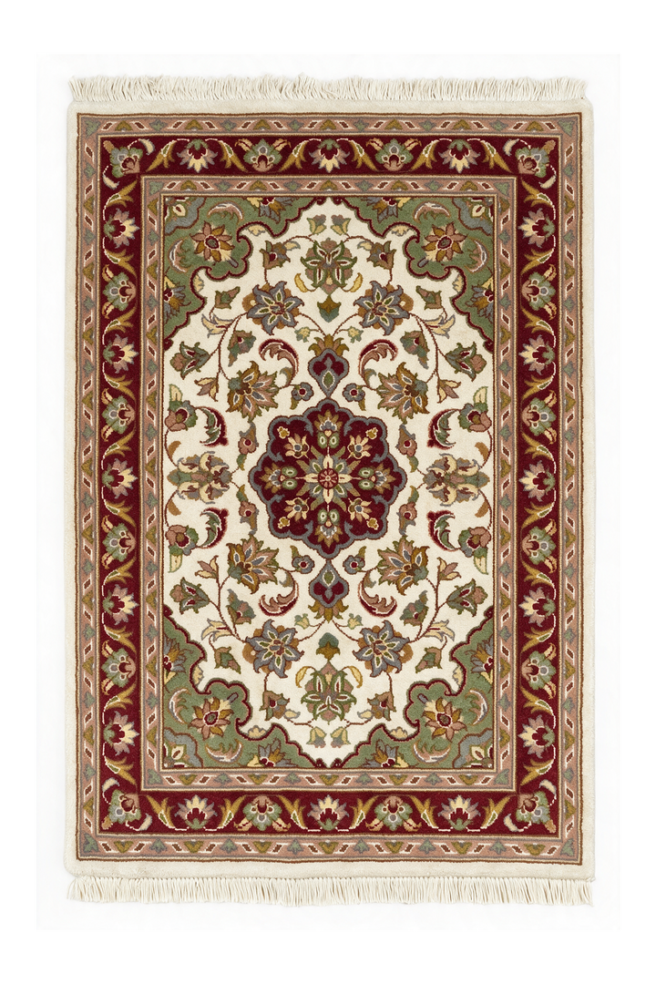 Ivory and Deep Red Medallion Tabriz, Hand-Knotted Wool and Silk Rug