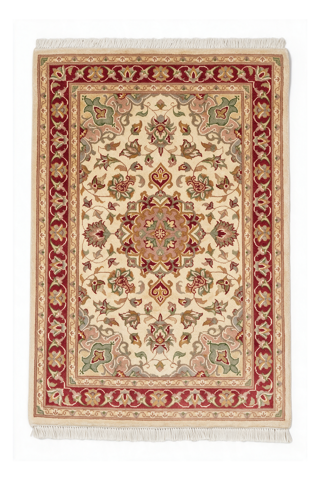 Cream and Brick Red Medallion Tabriz, Hand-Knotted Wool and Silk Rug