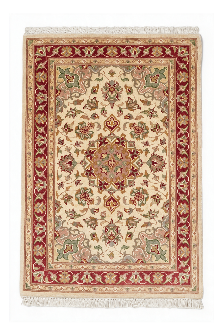 Cream and Brick Red Medallion Tabriz, Hand-Knotted Wool and Silk Rug