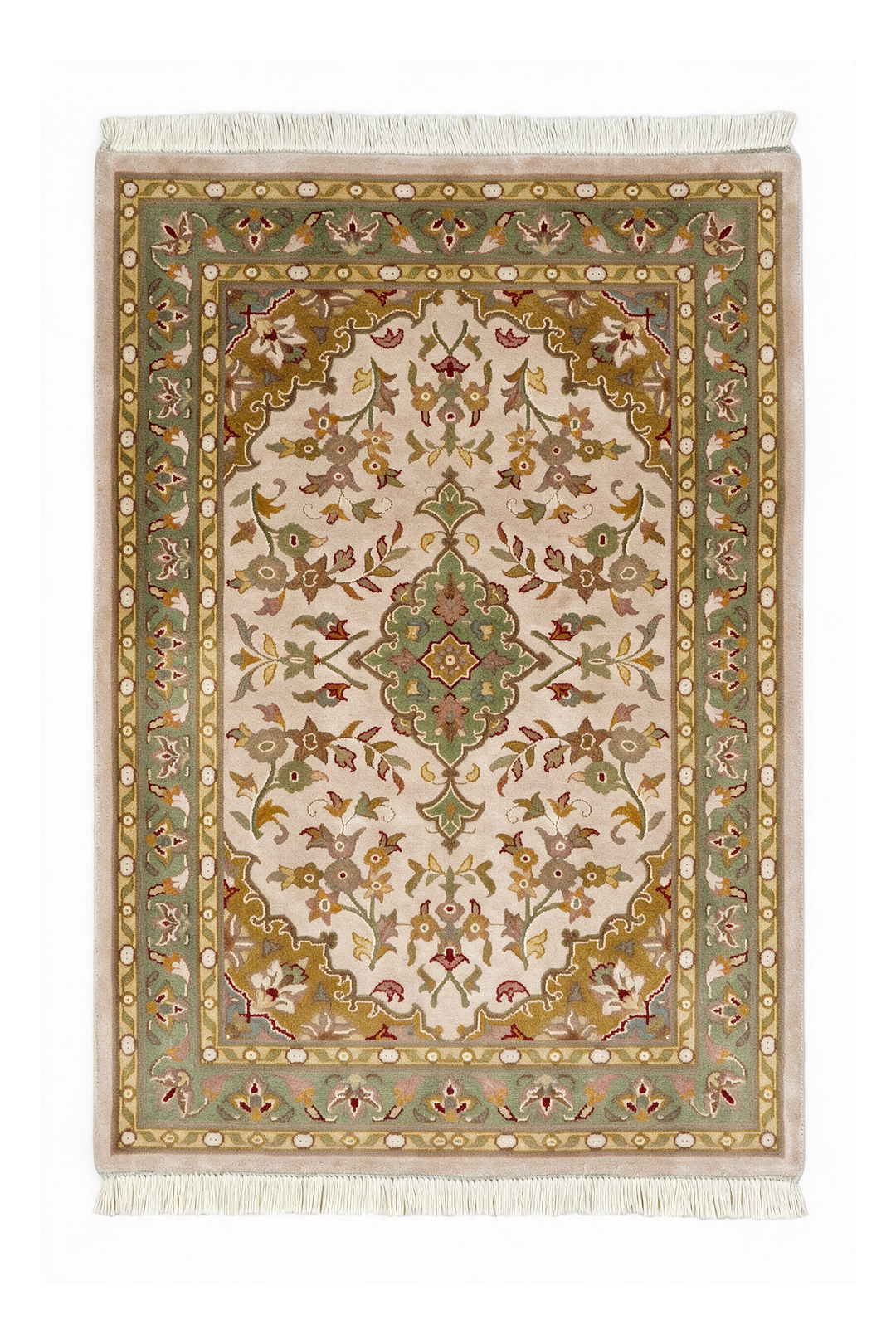 Blush and Ochre Medallion Tabriz, Hand-Knotted Wool and Silk Rug