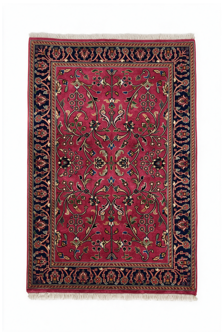 Magenta and Navy Hereke Floral, Hand-Knotted Wool Rug