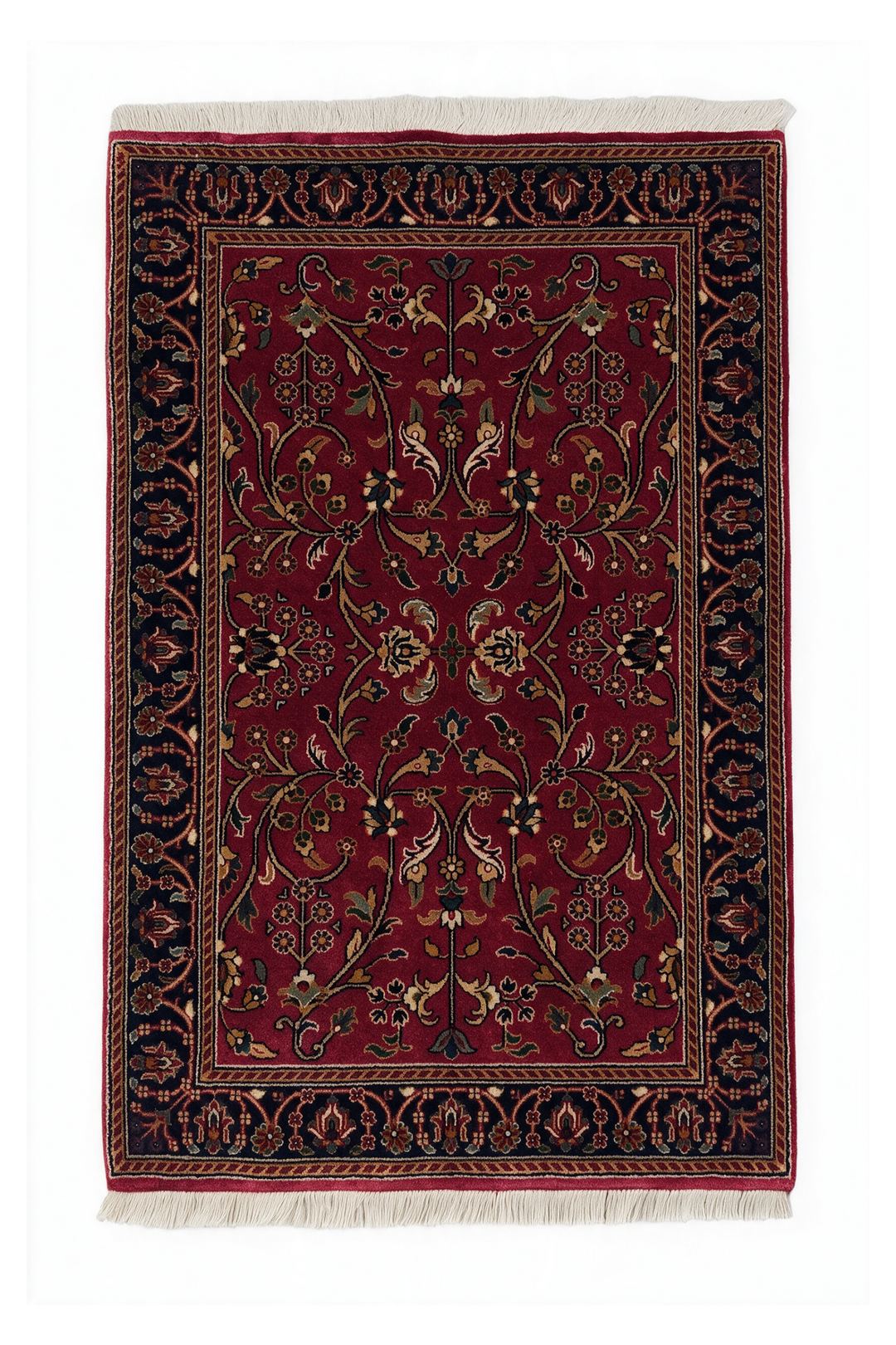 Oxblood and Navy Hereke Floral, Hand-Knotted Wool Rug