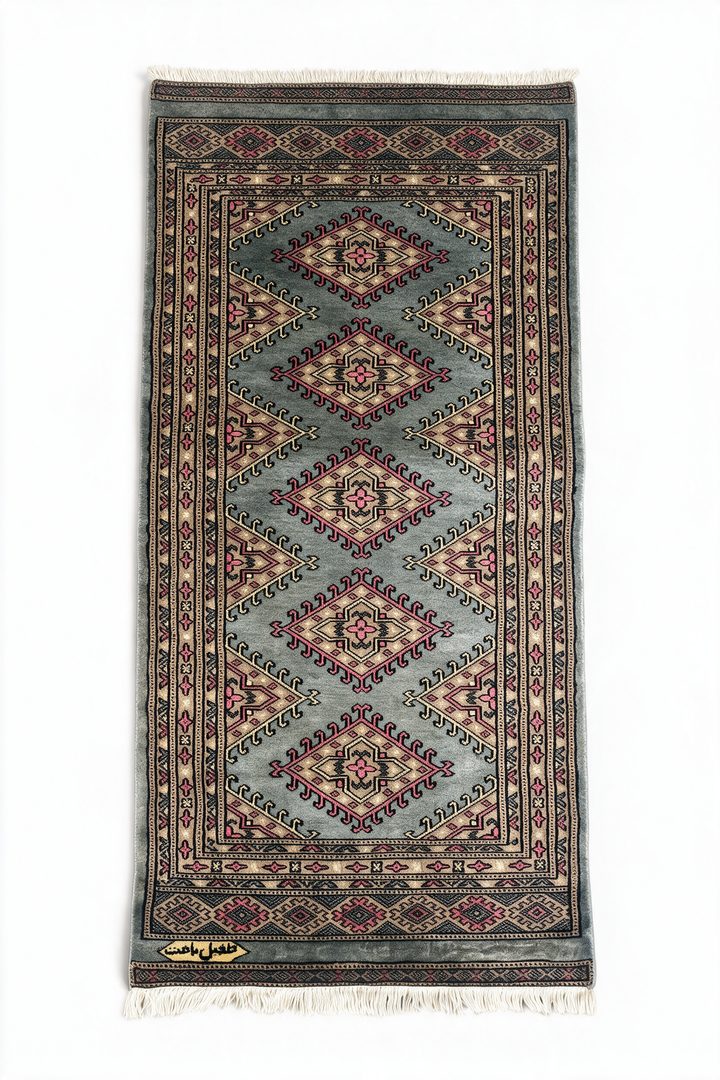 Grey-Green and Rose Jaldar Diamond Medallion, Hand-Knotted Wool Rug