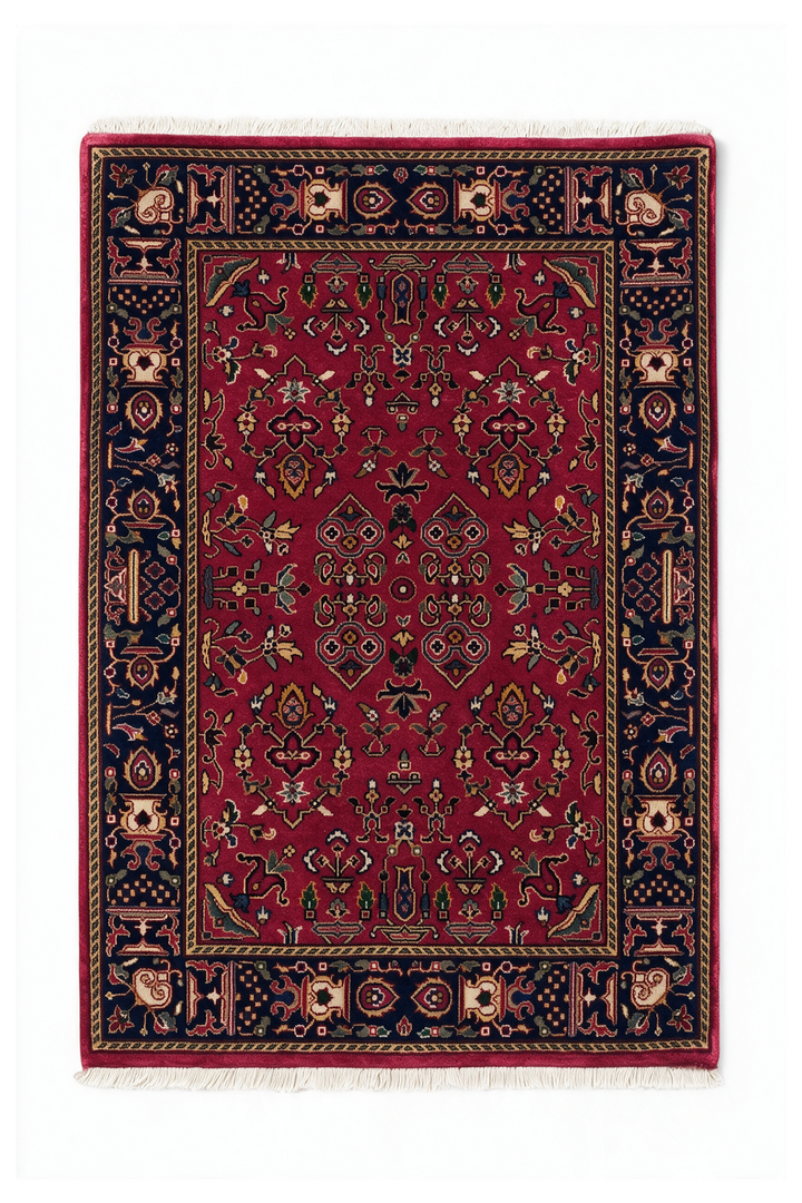 Madder Red and Indigo Sarouk Garden Floral, Hand-Knotted Wool Rug